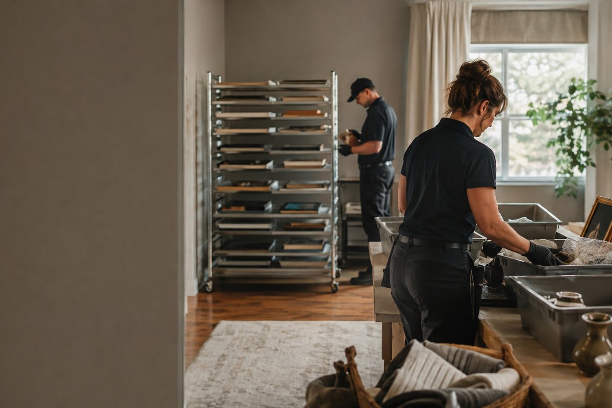 Framed pictures, books and household items set out on drying racks while a pair of hands in gloves works on one of them