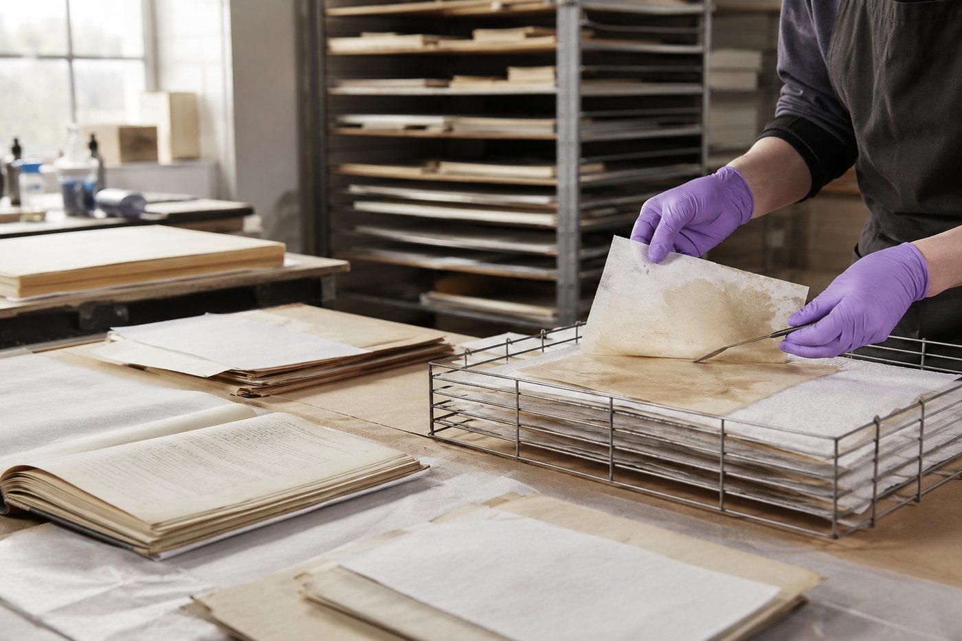Gloved hands placing damp paper records onto a wire drying rack, with stacks of loose sheets alongside