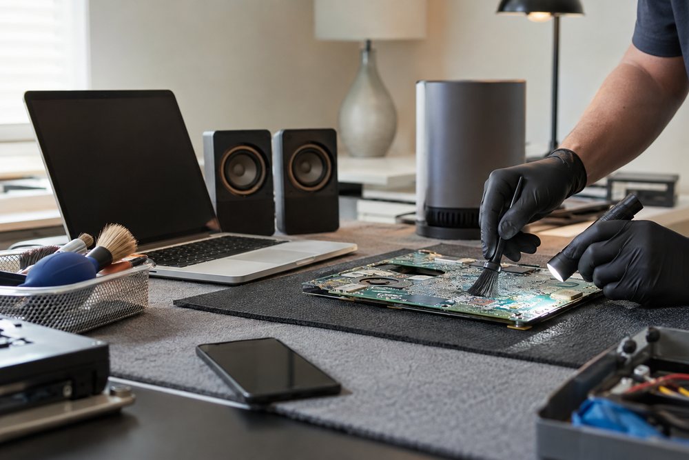 Gloved hands cleaning a circuit board at an electronics workstation, with a laptop and audio equipment on the bench behind