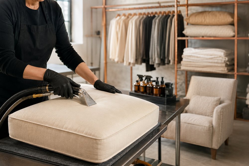An upholstery cushion being cleaned with an extraction tool beside racks of hanging garments and folded linens
